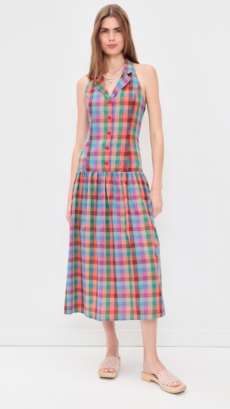 NWT Lisa Says Gah Vaughn Midi Dress Colorburst Plaid Halter Smocked Back L - Picture 1 of 11